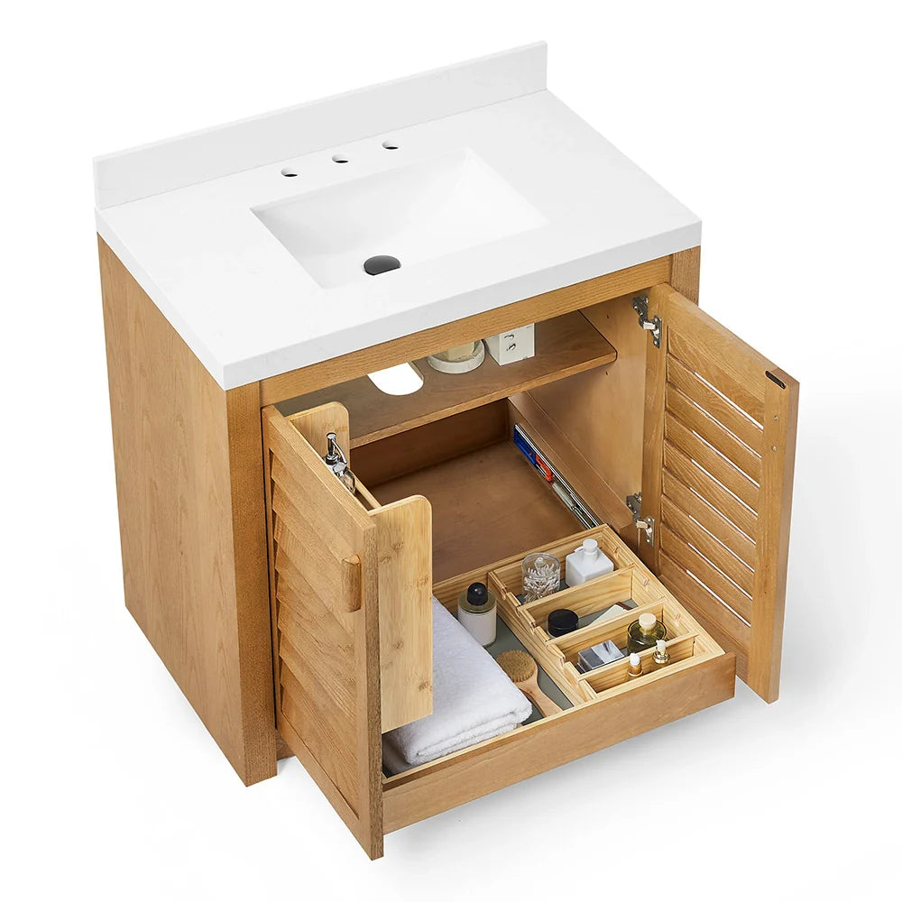 36 Inch Single Sink Bathroom Vanity with White Wide Louvered Doors & Quartz Top