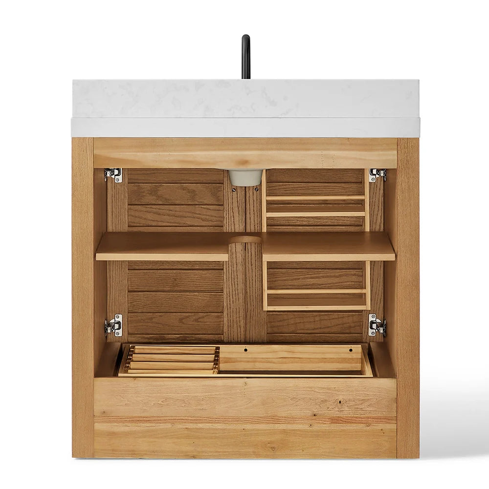 36 Inch Single Sink Bathroom Vanity with White Wide Louvered Doors & Quartz Top
