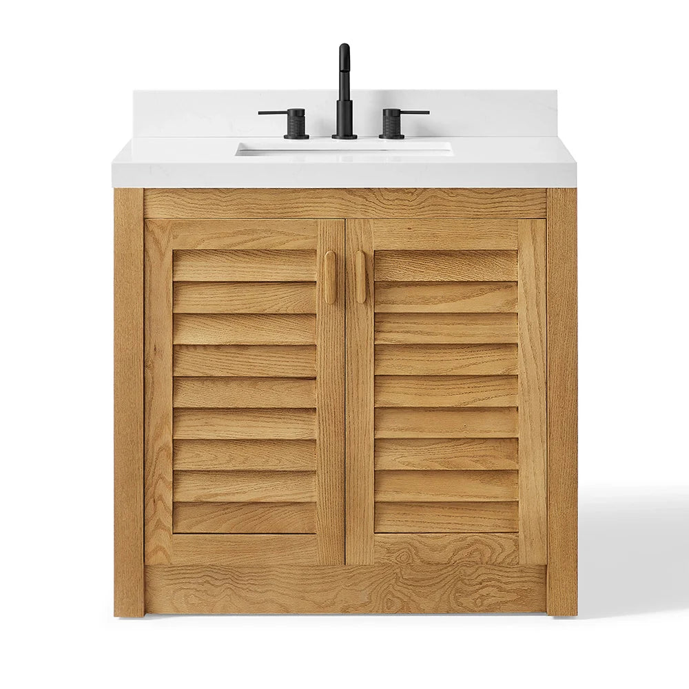 36 Inch Single Sink Bathroom Vanity with White Wide Louvered Doors & Quartz Top
