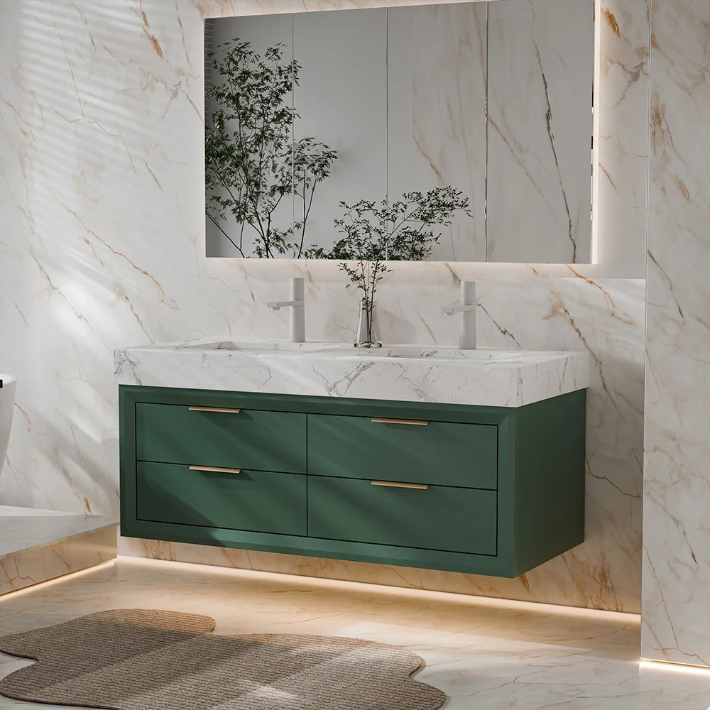 48 Inch Modern Wall Mounted Double Bathroom Vanity with Marble Countertop