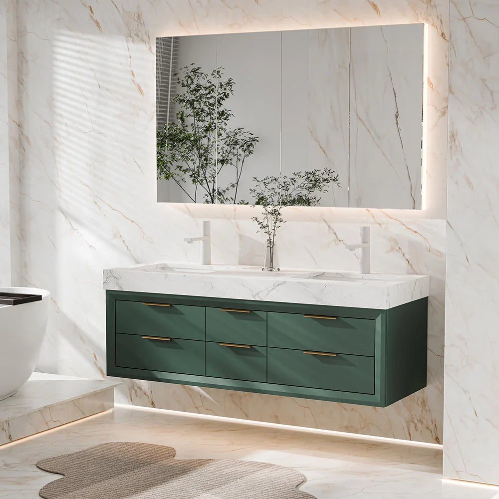 60 Inch Wall Mounted Double Bathroom Vanity with Marble Countertop