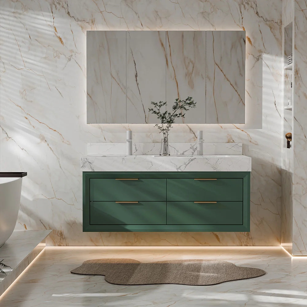48 Inch Modern Wall Mounted Double Bathroom Vanity with Marble Countertop