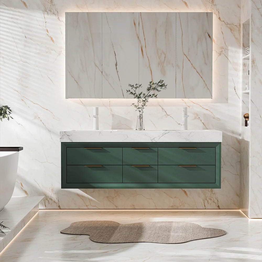 60 Inch Wall Mounted Double Bathroom Vanity with Marble Countertop