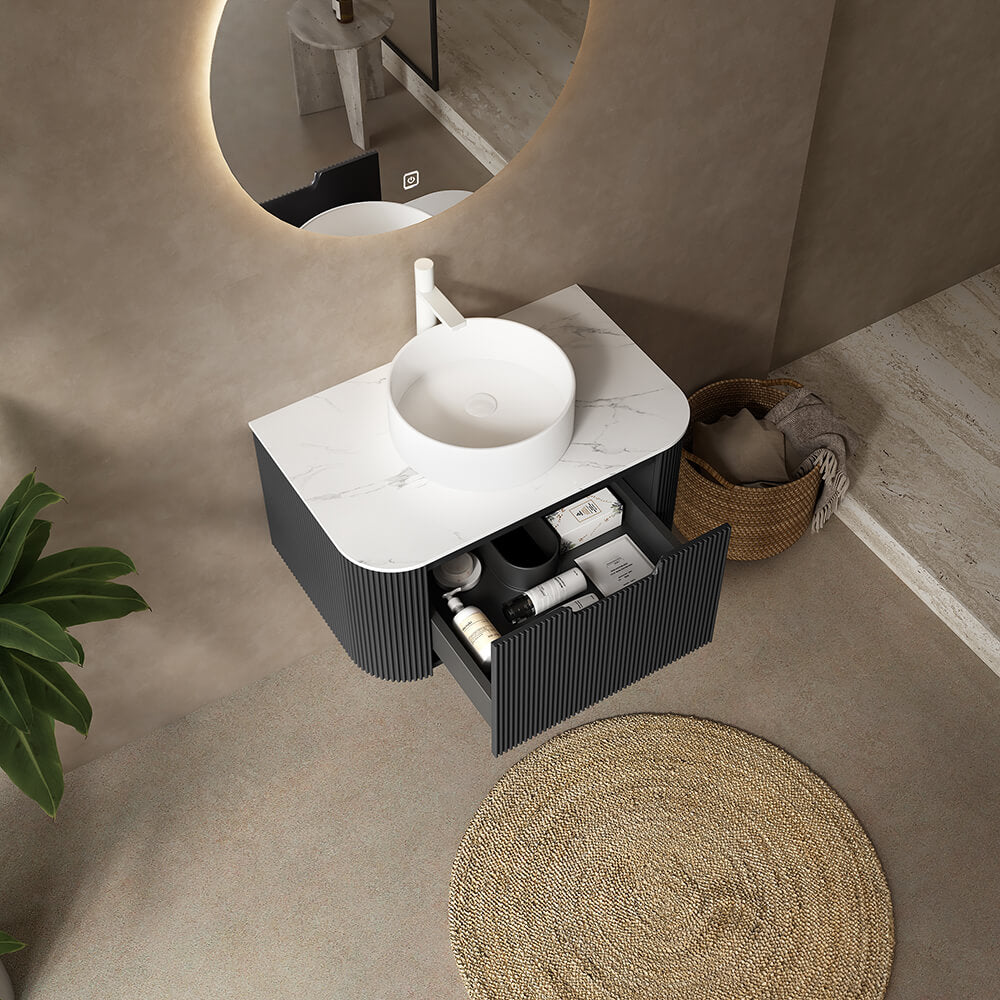 30" Bathroom Vanity,  White Round Ceramic Basin without Faucet, Black