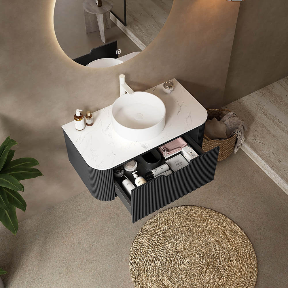36" Bathroom Vanity,  White Round Ceramic Basin without Faucet, Black