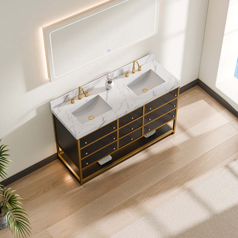 60-In Fluted Solid Wood Luxury Gold Bathroom Vanity, PU Lacquer – Double Sink