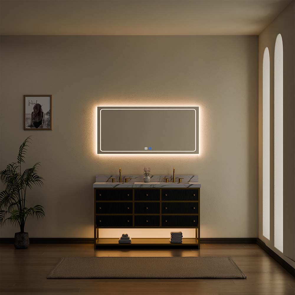 60-In Fluted Solid Wood Luxury Gold Bathroom Vanity, PU Lacquer – Double Sink
