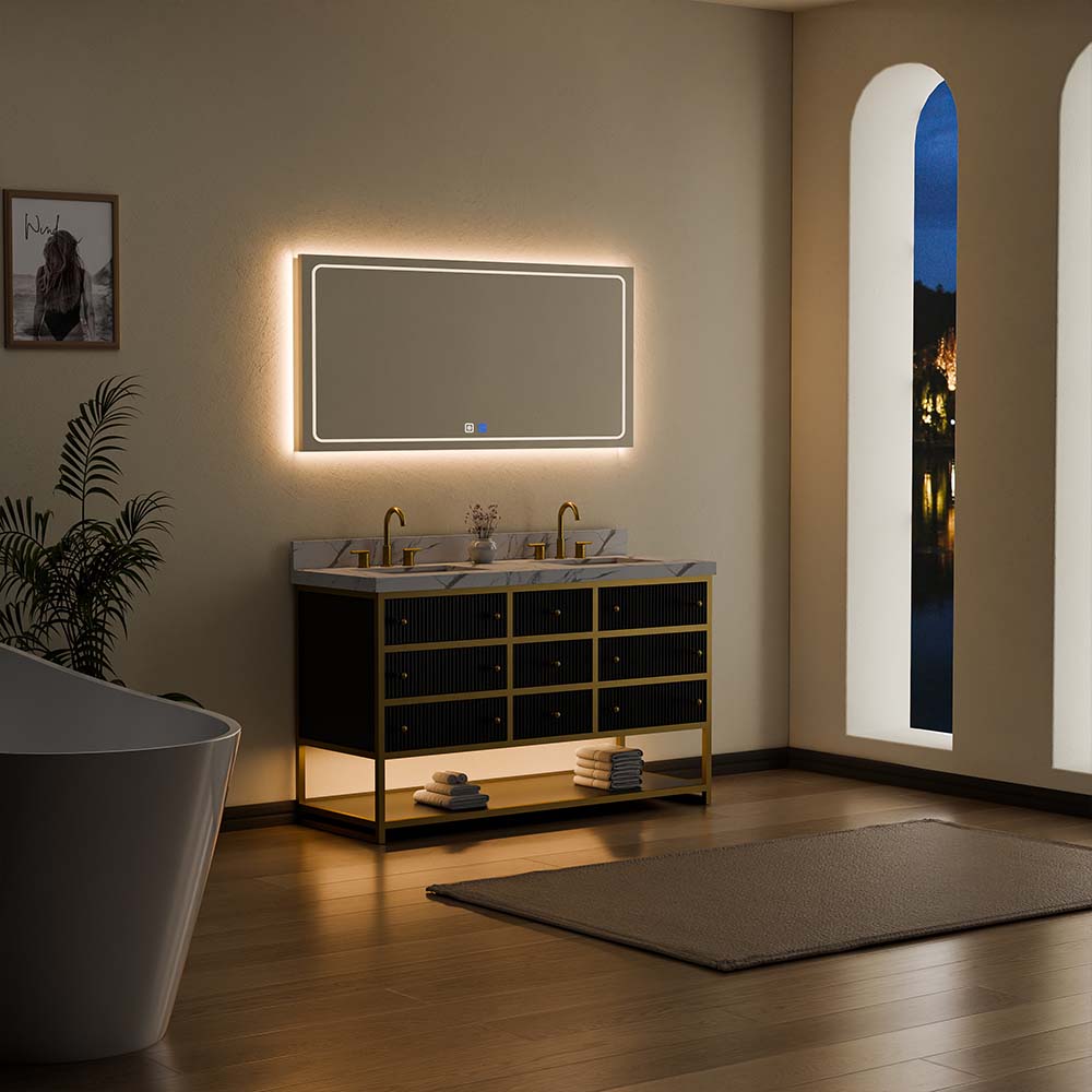 60-In Fluted Solid Wood Luxury Gold Bathroom Vanity, PU Lacquer – Double Sink