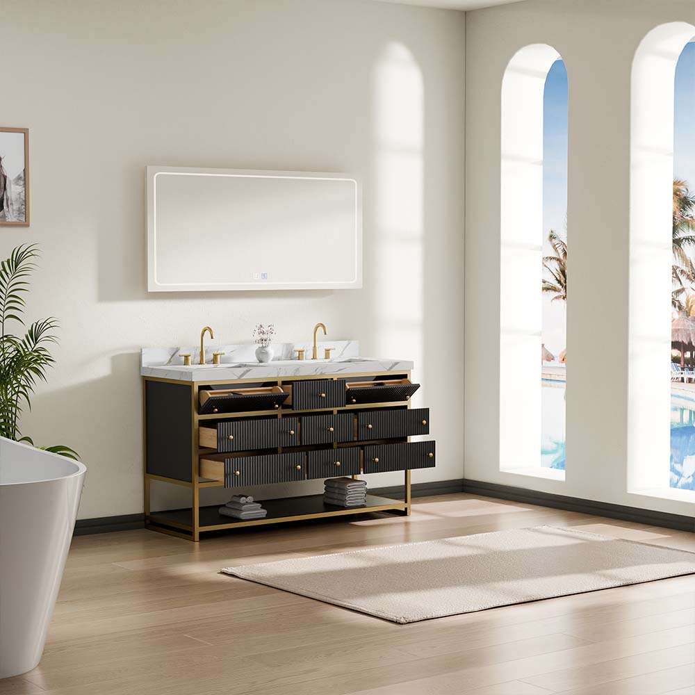 60-In Fluted Solid Wood Luxury Gold Bathroom Vanity, PU Lacquer – Double Sink