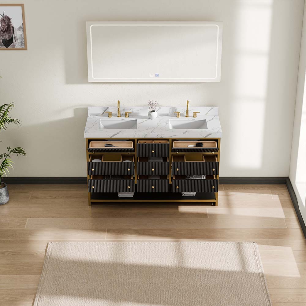 60-In Fluted Solid Wood Luxury Gold Bathroom Vanity, PU Lacquer – Double Sink