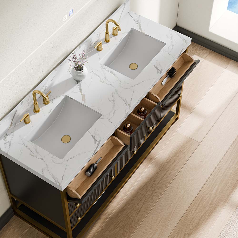 60-In Fluted Solid Wood Luxury Gold Bathroom Vanity, PU Lacquer – Double Sink