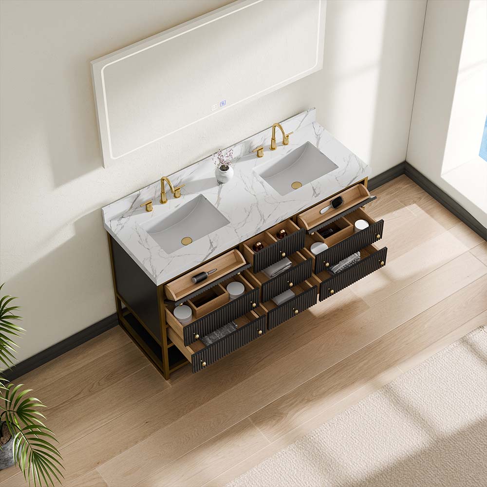 60-In Fluted Solid Wood Luxury Gold Bathroom Vanity, PU Lacquer – Double Sink