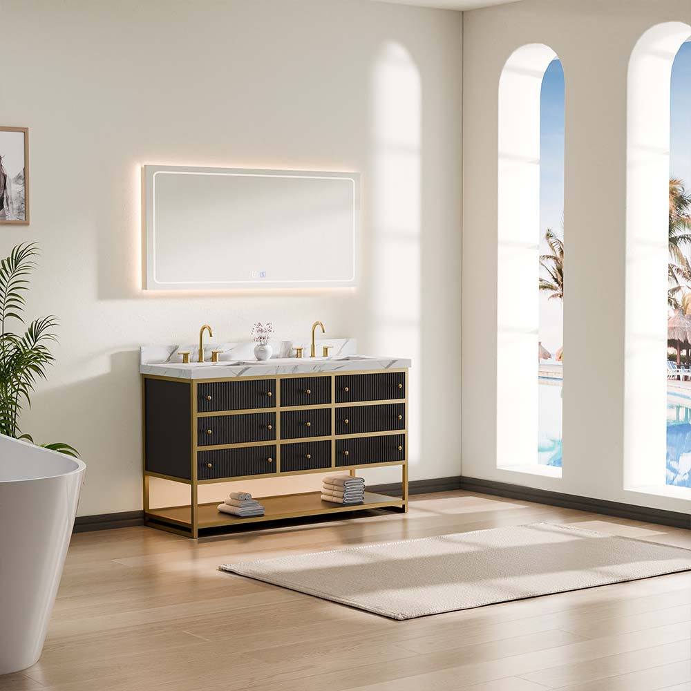 60-In Fluted Solid Wood Luxury Gold Bathroom Vanity, PU Lacquer – Double Sink