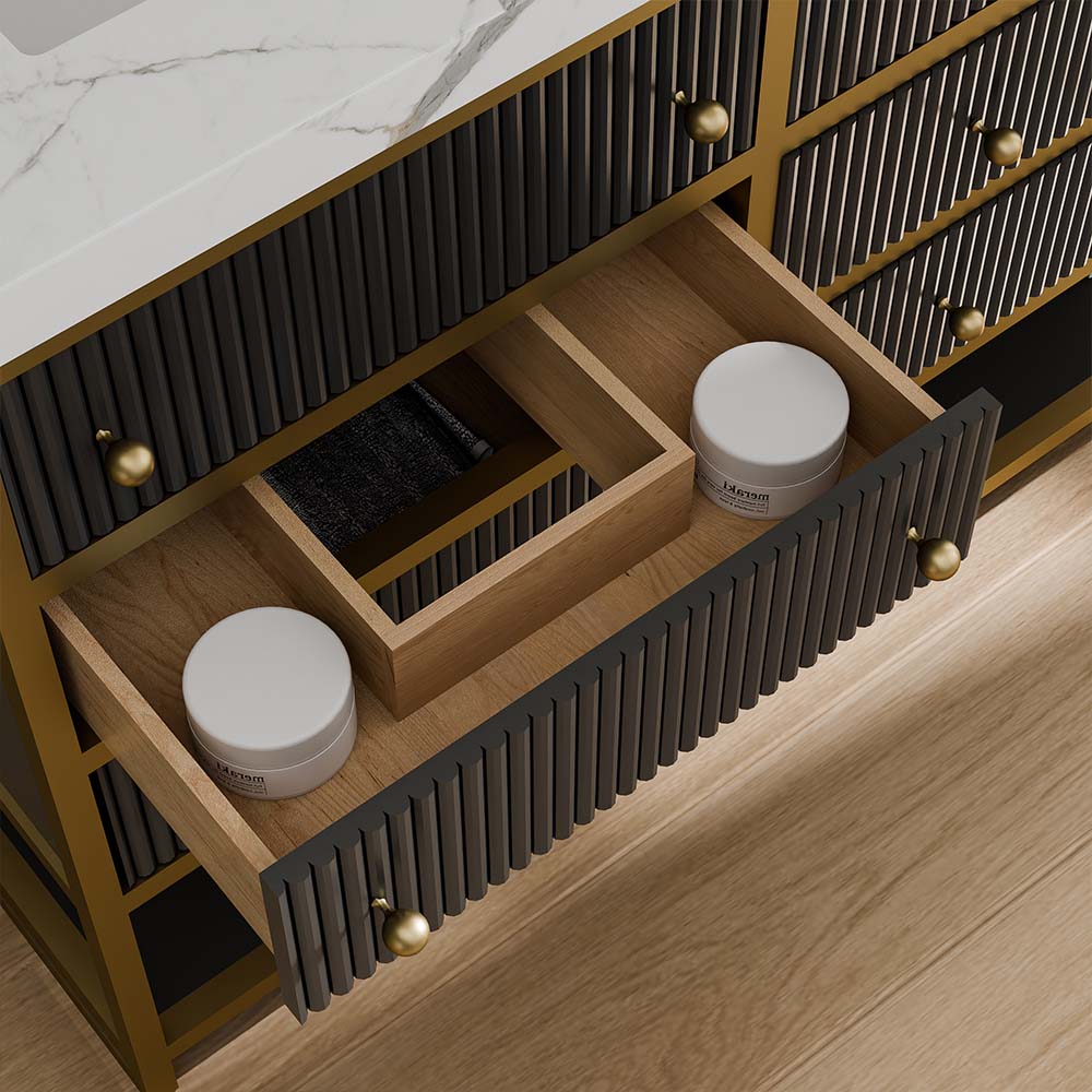 60-In Fluted Solid Wood Luxury Gold Bathroom Vanity, PU Lacquer – Double Sink