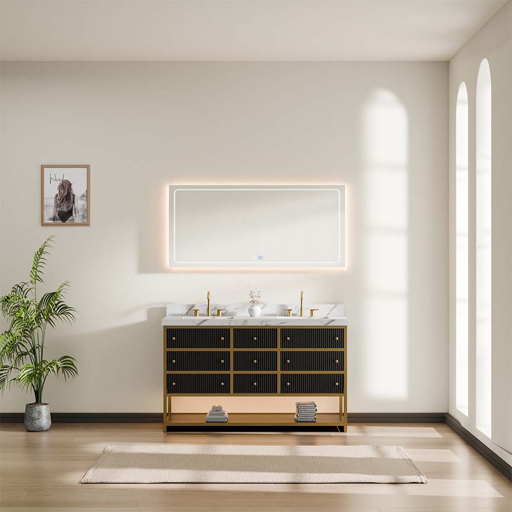 60-In Fluted Solid Wood Luxury Gold Bathroom Vanity, PU Lacquer – Double Sink