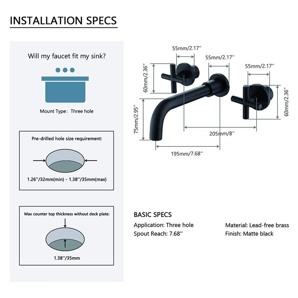 Dual-Handle Wall-Mounted Bathroom Sink Faucet with Three Holes