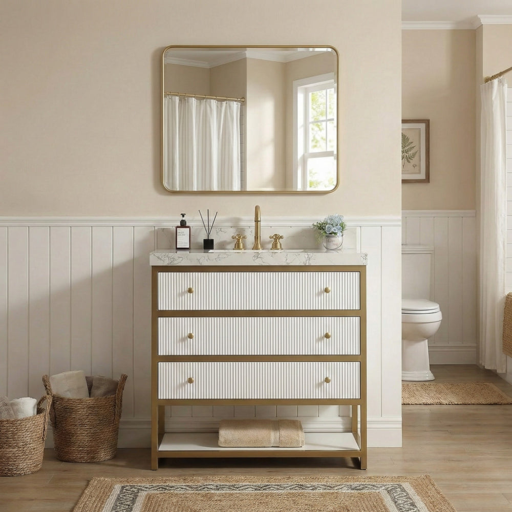 36-In Fluted Solid Wood Luxury Gold Bathroom Vanity, PU Lacquer and Titanium Stainless Steel – Single Sink