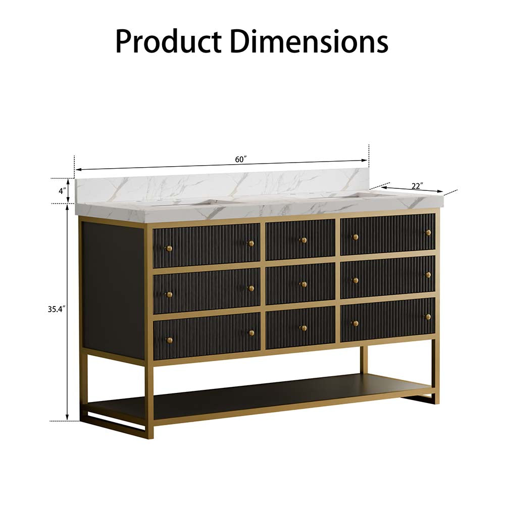 60-In Fluted Solid Wood Luxury Gold Bathroom Vanity, PU Lacquer – Double Sink