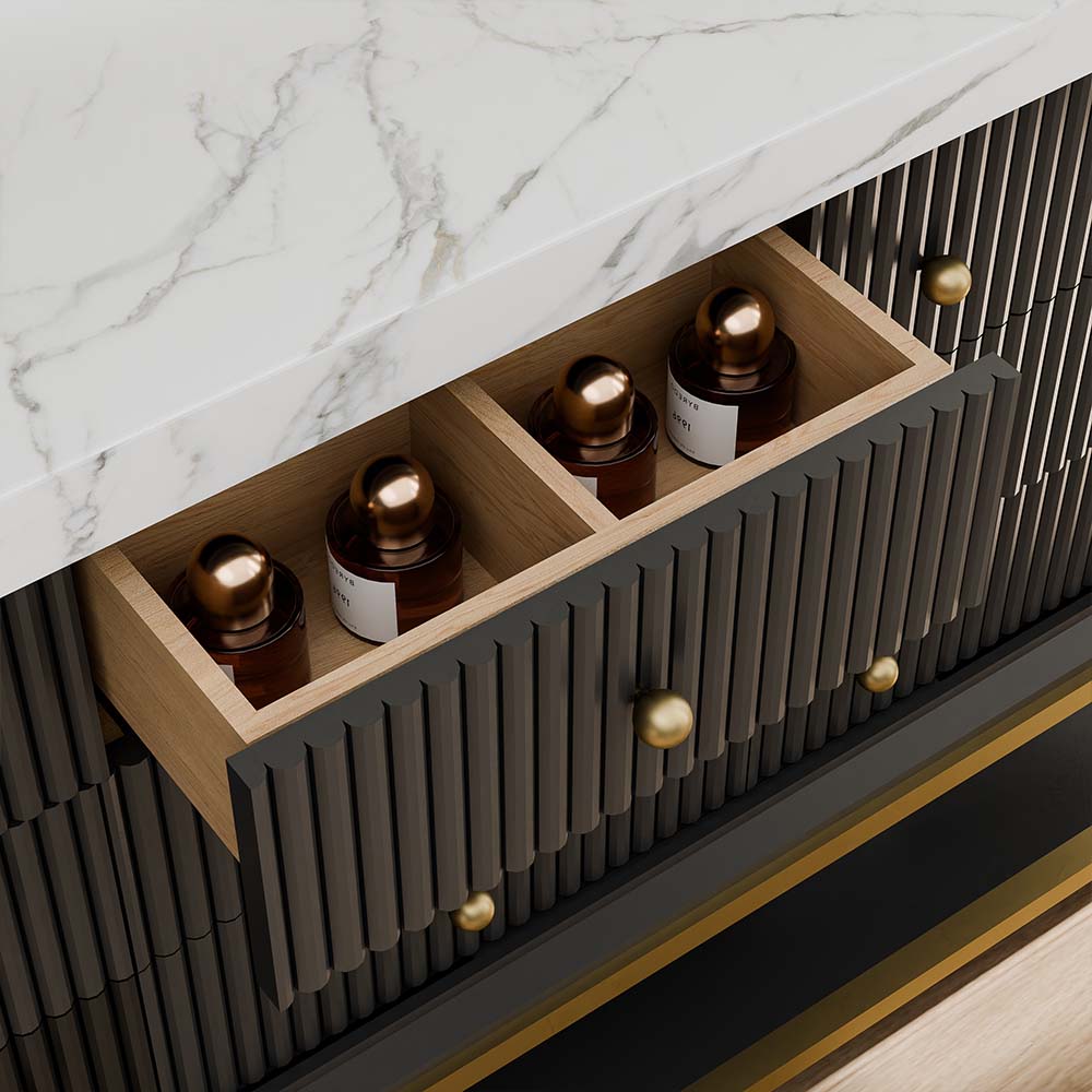 60-In Fluted Solid Wood Bathroom Vanity, PU Lacquer, Half-Frame Steel Base – Double Sink