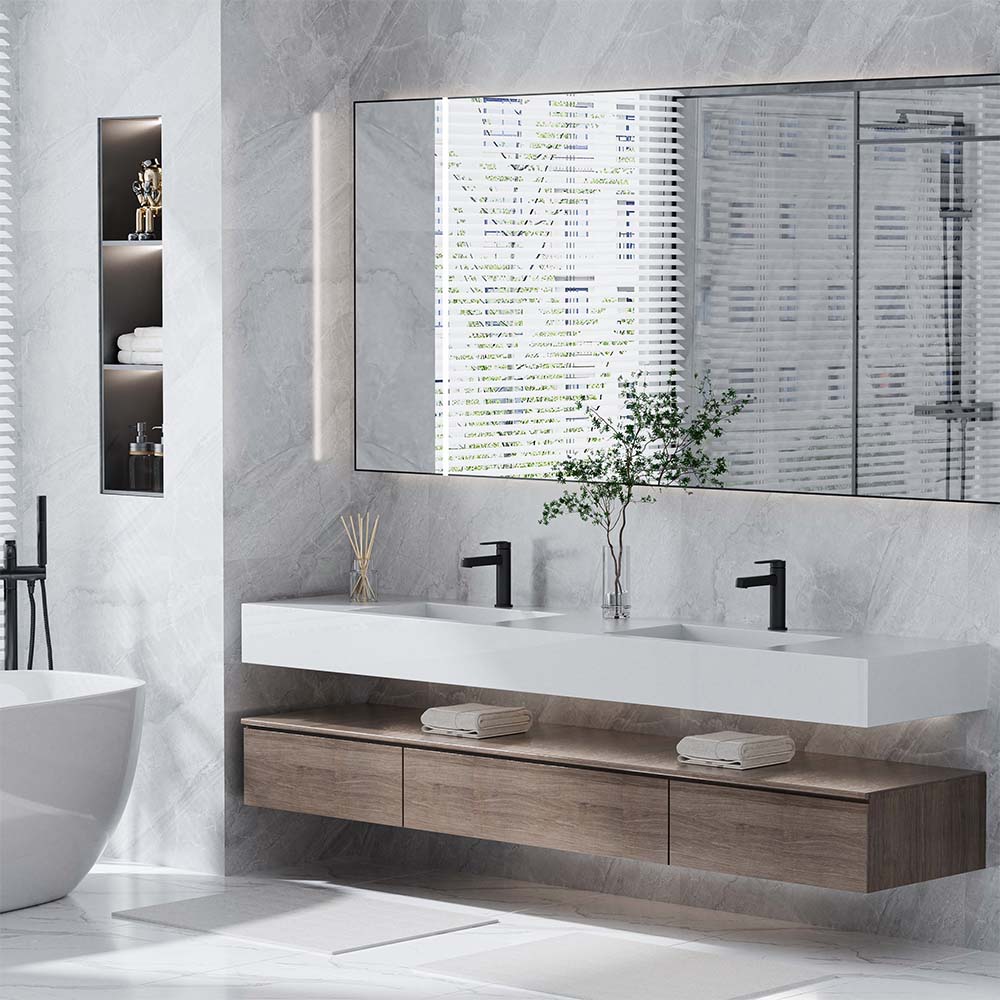 Modern Deck Mount Single Lever Handle Low Arc Bathroom Faucet
