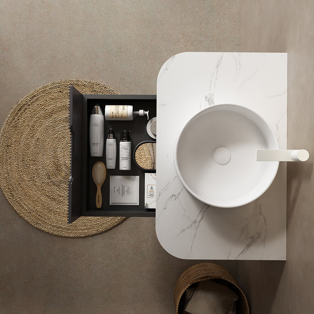 30" Bathroom Vanity,  White Round Ceramic Basin without Faucet, Black