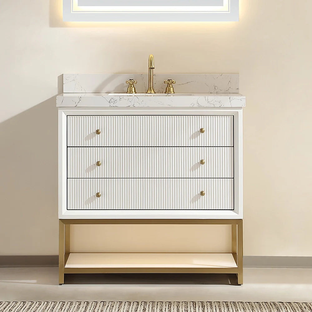 36-In Fluted Solid Wood Bathroom Vanity, PU Lacquer, Half-Frame Steel Base – Single Sink