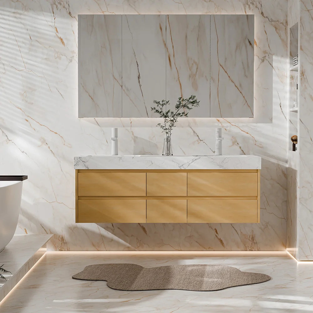 60-Inch Modern Wall Mounted Double Bathroom Vanity with Marble Countertop
