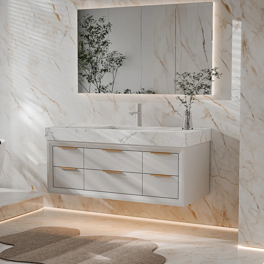 48 Inch Modern Wall Mounted Bathroom Vanity with Marble Countertop