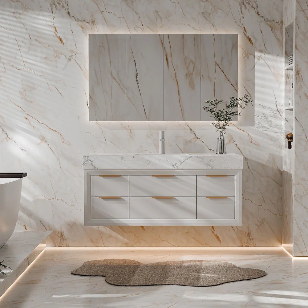 48 Inch Modern Wall Mounted Bathroom Vanity with Marble Countertop