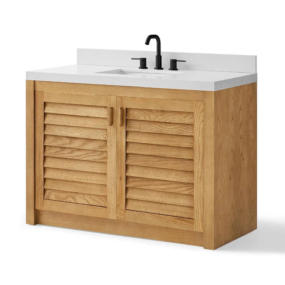 48 Inch Natural Oak Single Bathroom Vanity with Wide Louvered Doors & Quartz Top