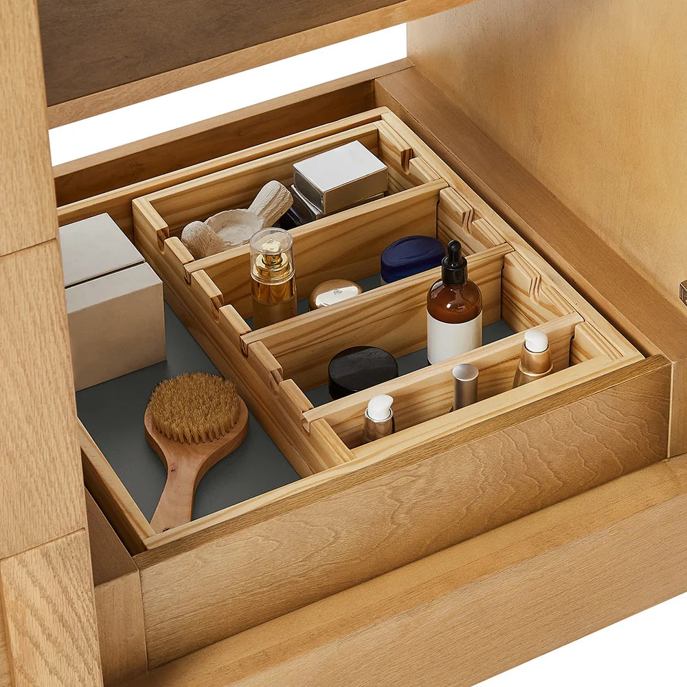 48 Inch Natural Oak Single Bathroom Vanity with Wide Louvered Doors & Quartz Top