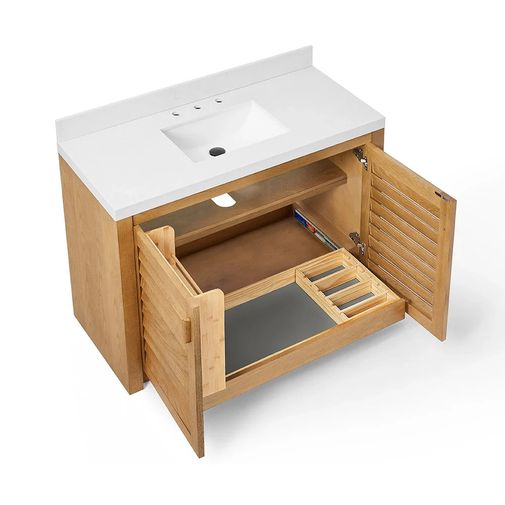 48 Inch Natural Oak Single Bathroom Vanity with Wide Louvered Doors & Quartz Top