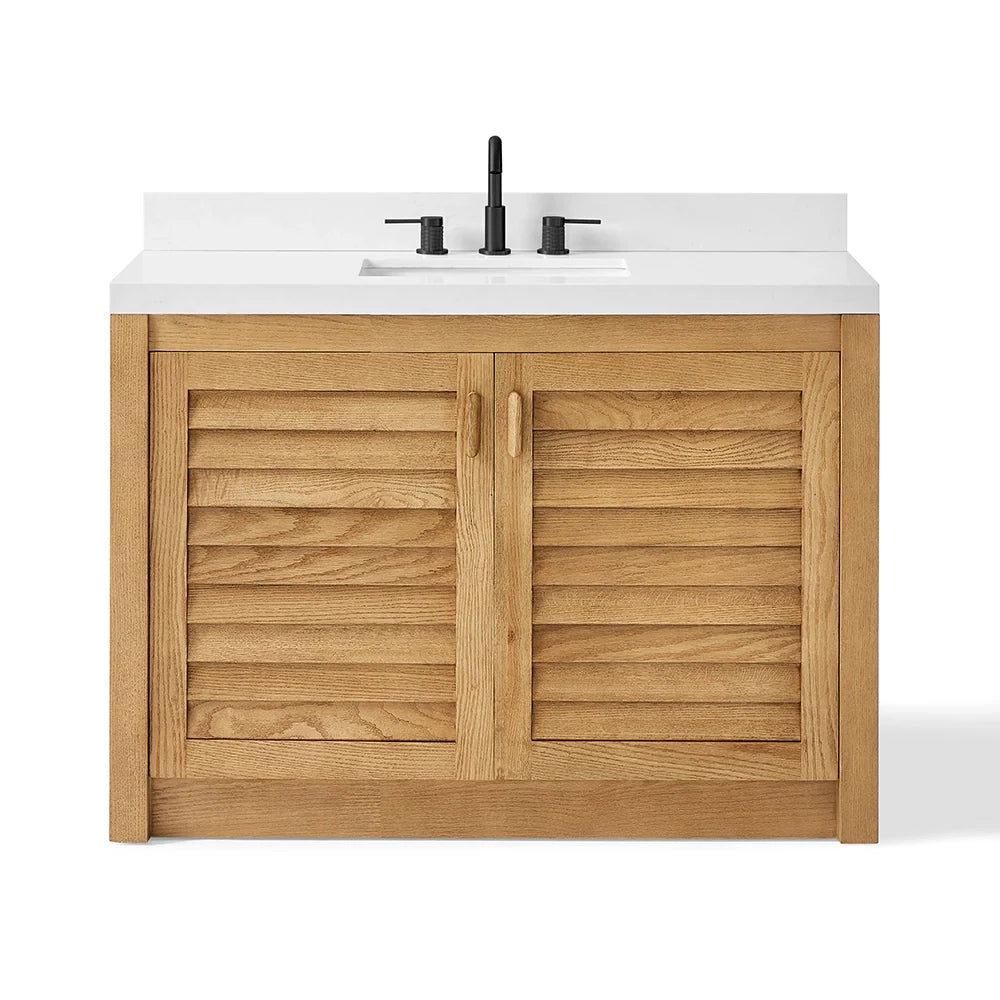 48 Inch Natural Oak Single Bathroom Vanity with Wide Louvered Doors & Quartz Top