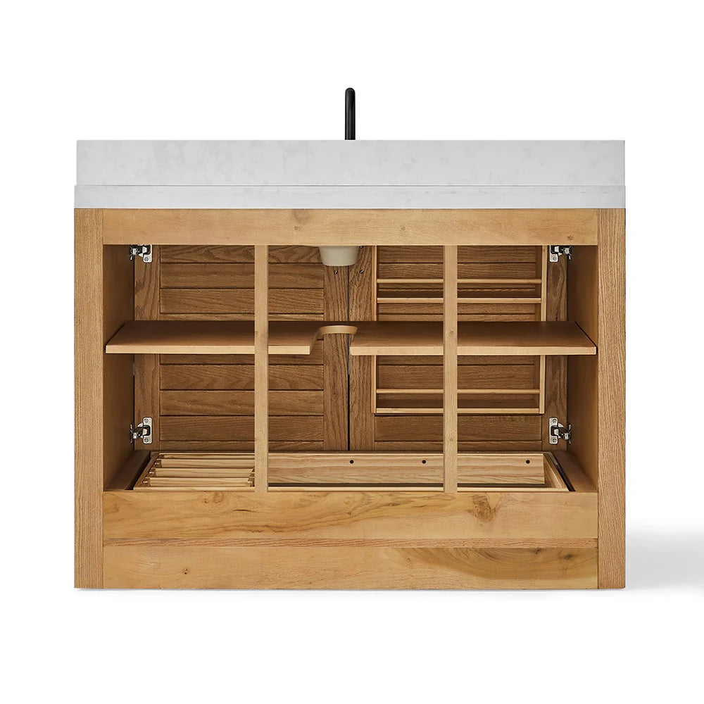 48 Inch Natural Oak Single Bathroom Vanity with Wide Louvered Doors & Quartz Top