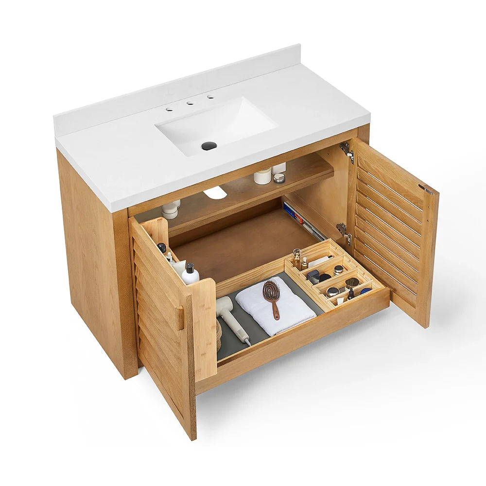 48 Inch Natural Oak Single Bathroom Vanity with Wide Louvered Doors & Quartz Top