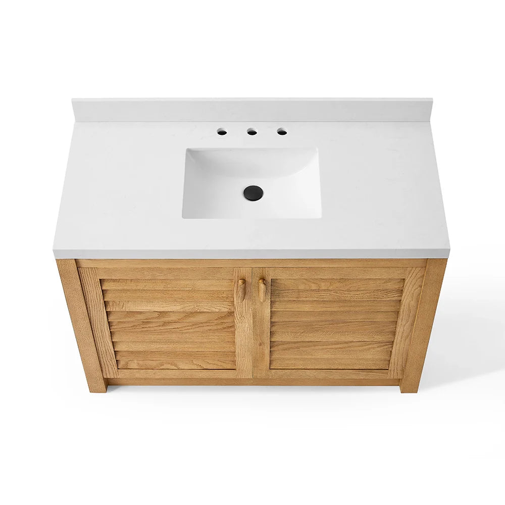 48 Inch Natural Oak Single Bathroom Vanity with Wide Louvered Doors & Quartz Top