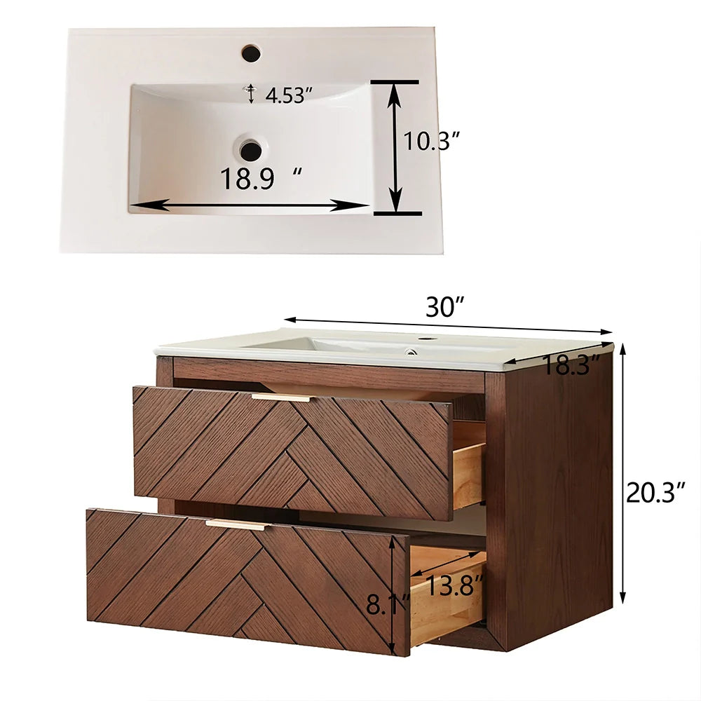 30 Inch Walnut Floating Bathroom Vanity with Single Ceramic Sink
