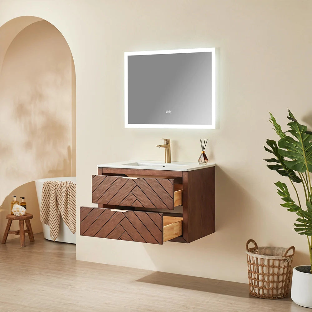 30 Inch Walnut Floating Bathroom Vanity with Single Ceramic Sink