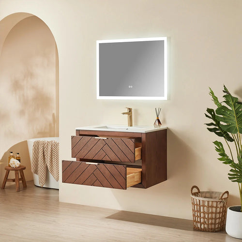 30 Inch Walnut Floating Bathroom Vanity with Single Ceramic Sink