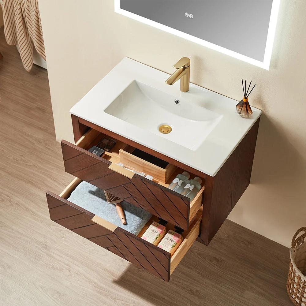 30 Inch Walnut Floating Bathroom Vanity with Single Ceramic Sink