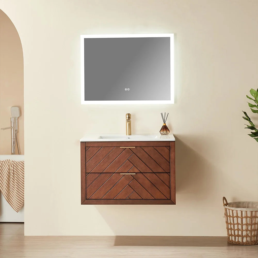 30 Inch Walnut Floating Bathroom Vanity with Single Ceramic Sink