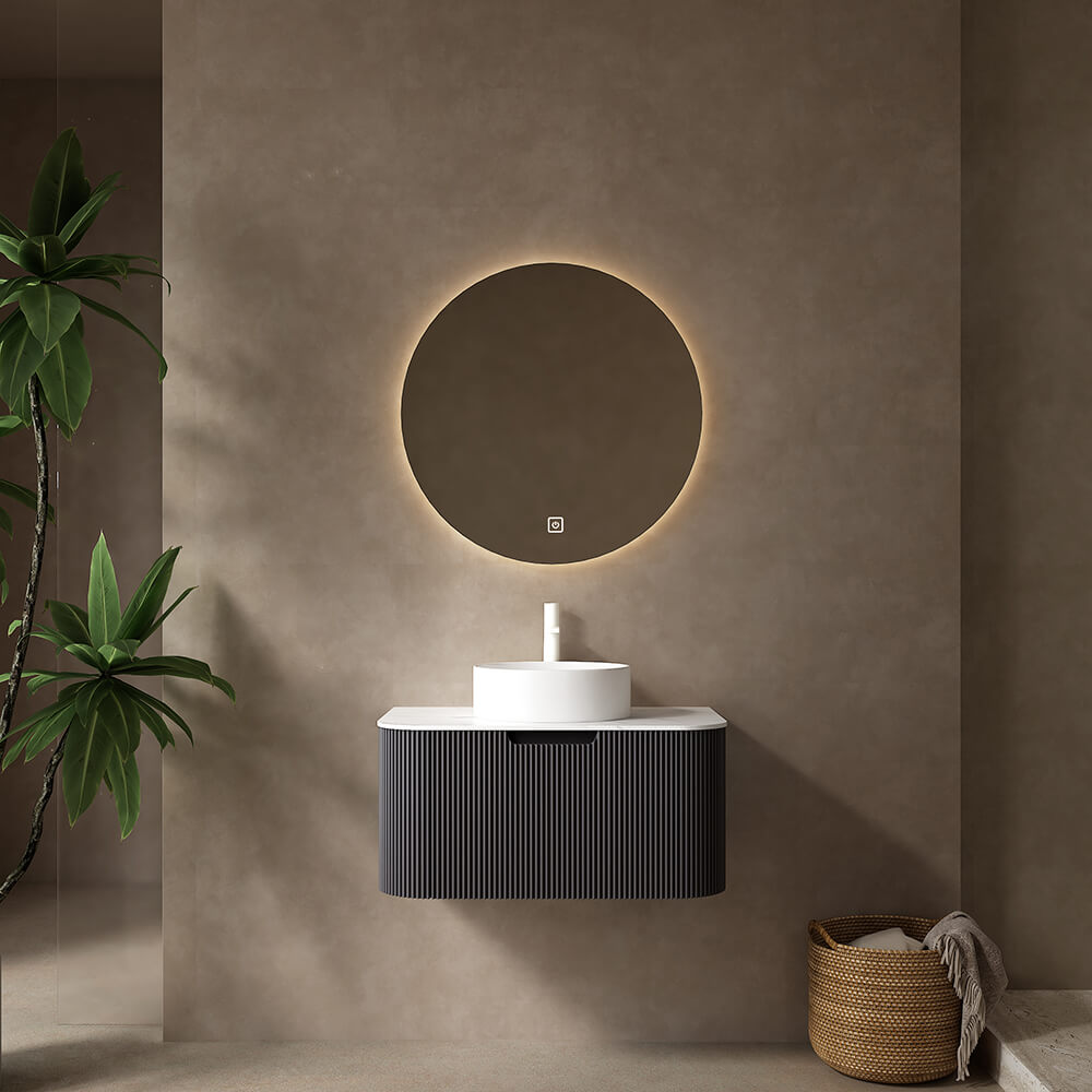 30" Bathroom Vanity,  White Round Ceramic Basin without Faucet, Black