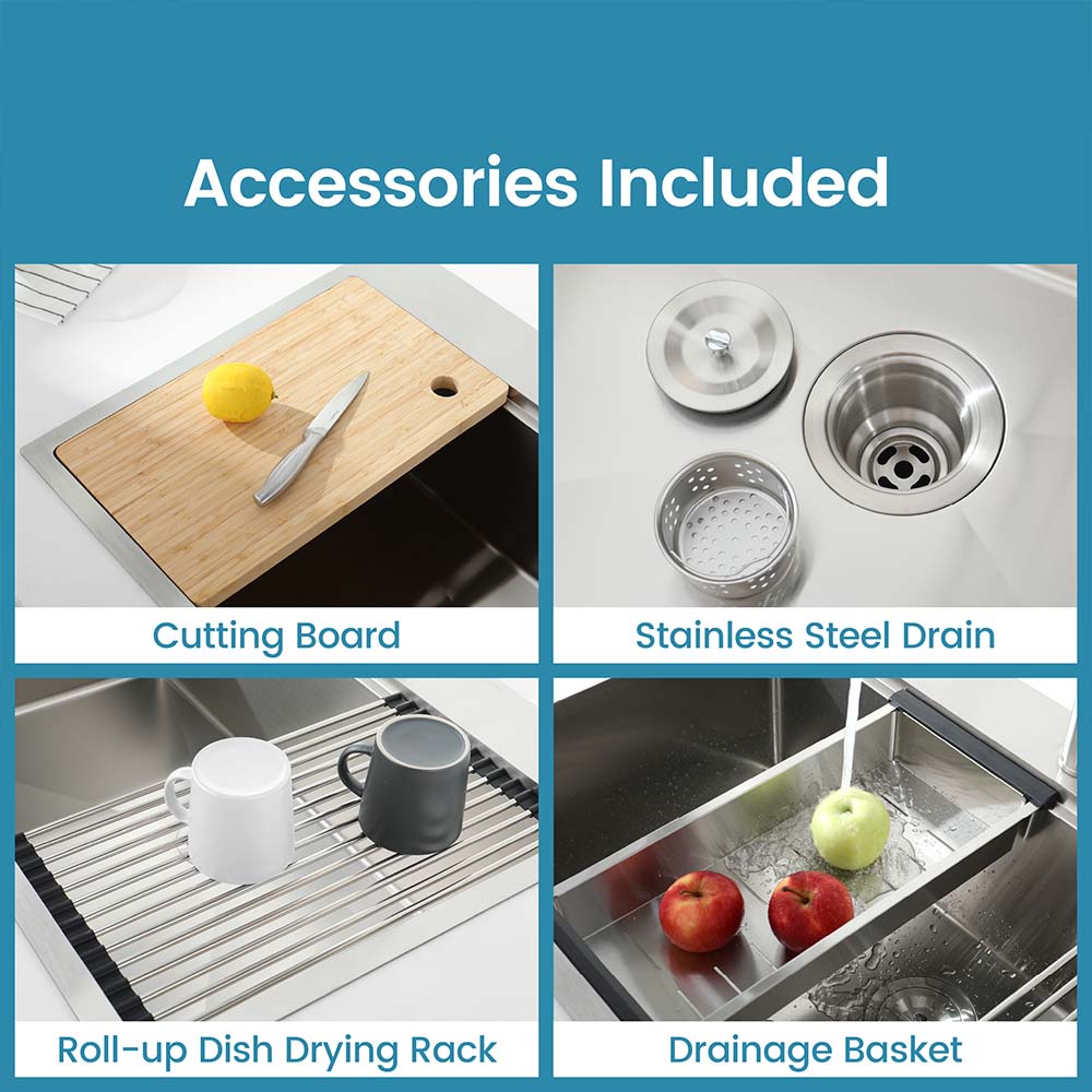 33x22 Inch Brushed Stainless Steel Single Bowl Waterfall Kitchen Sink