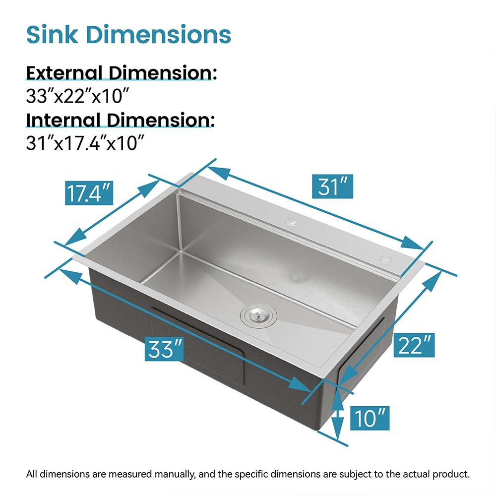 33x22 Inch Brushed Stainless Steel Single Bowl Waterfall Kitchen Sink