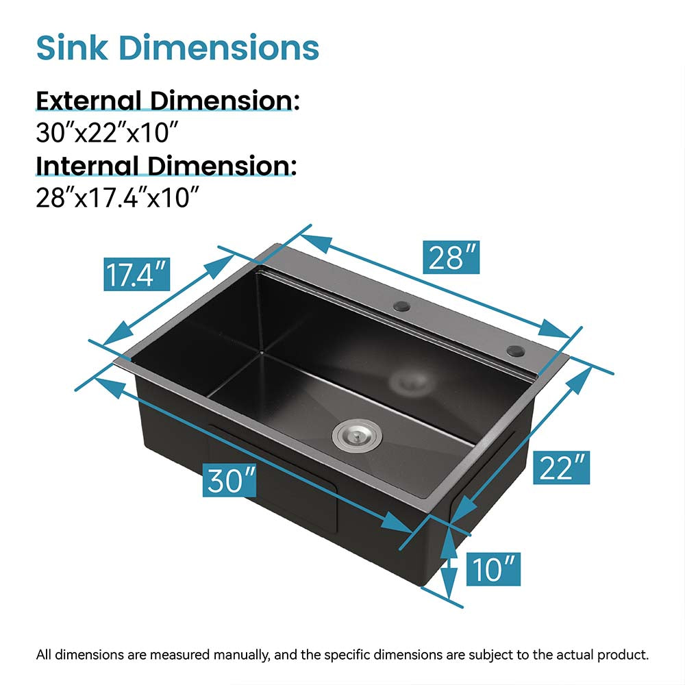 30 x 22 Inch Black Stainless Steel Single Bowl Large Kitchen Sink