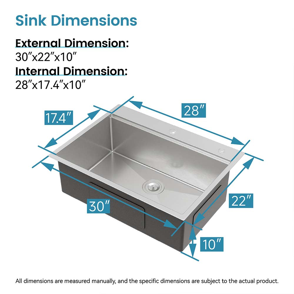30 x 22 Inch Brushed Stainless Steel Single Bowl Large Kitchen Sink