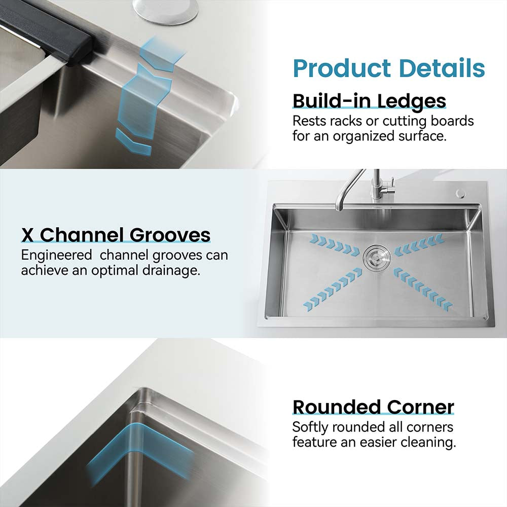 30 x 22 Inch Brushed Stainless Steel Single Bowl Large Kitchen Sink