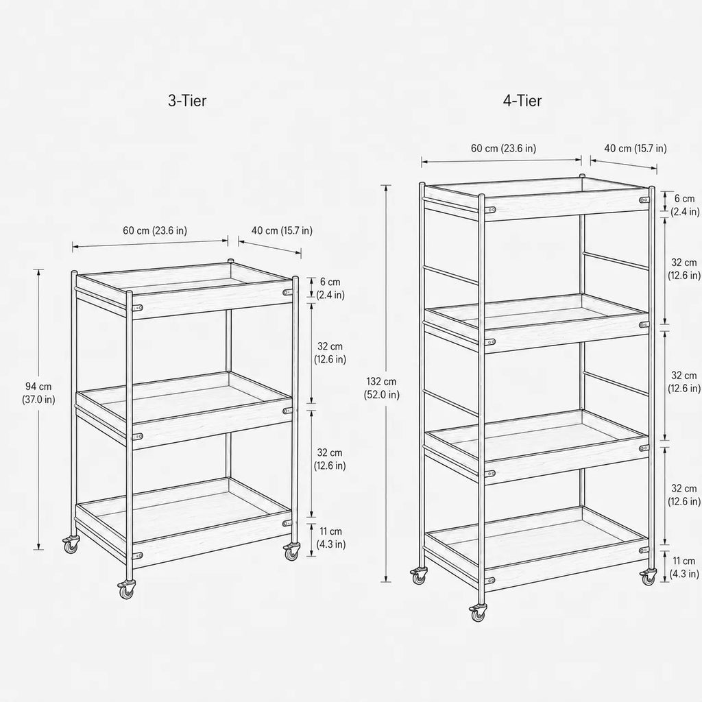Solid Wood Rolling Cart with Wheels – 4-Tier Walnut Storage Shelves & Mobile Utility Organizer Rack for Apartments