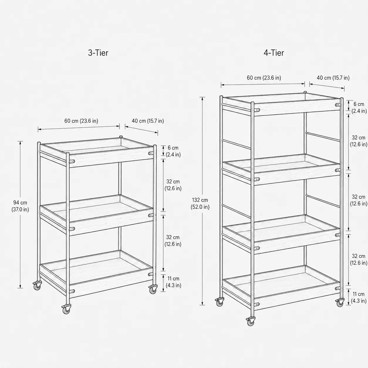 Solid Wood Rolling Cart with Wheels – 4-Tier Walnut Storage Shelves & Mobile Utility Organizer Rack for Apartments