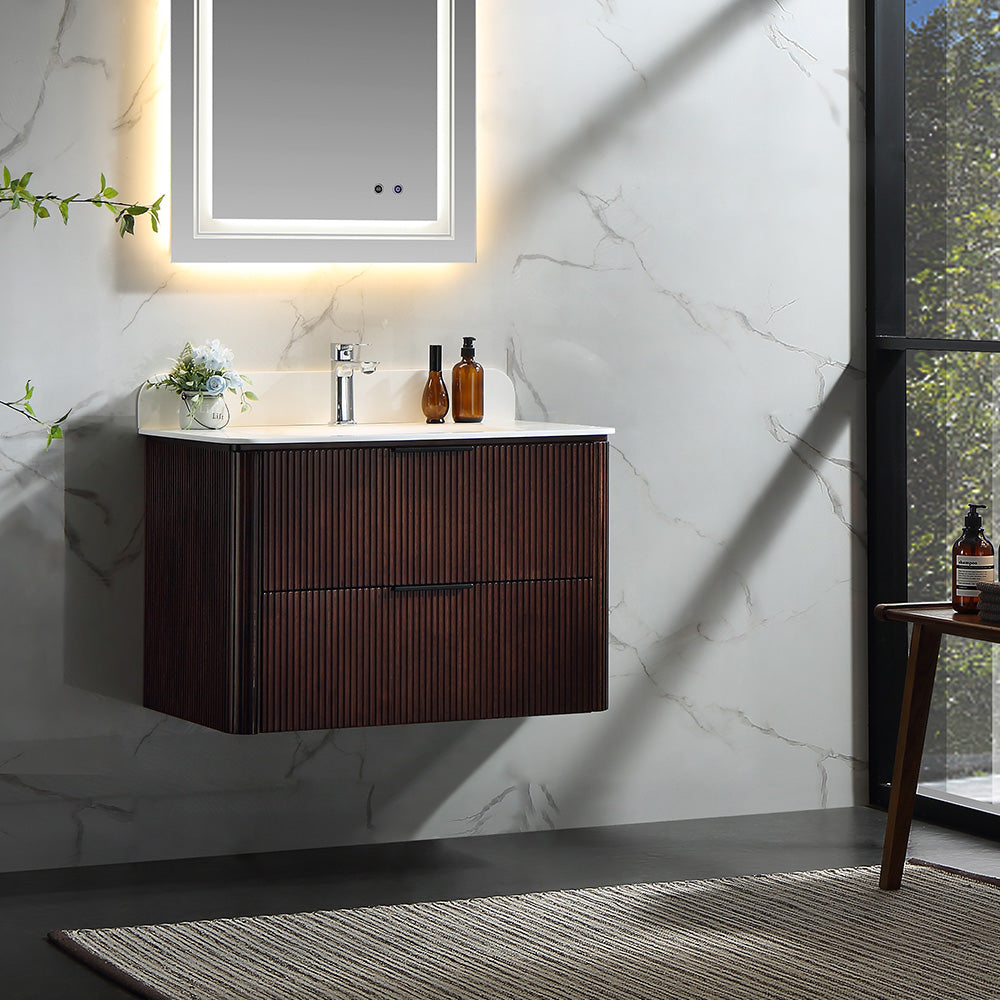 30 Inch Wall-mounted Reeded Oak Bathroom Vanity with Single Sink